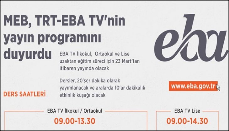 MEB,TRT- EBA TV'nin Yayın Programını Açıkladı
