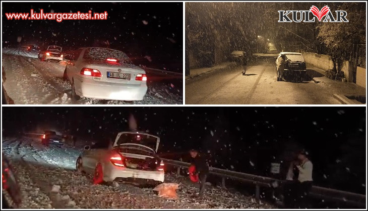 Denizli’ye baharda yağan lapa lapa kar araçları yolda bıraktı