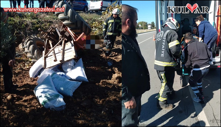 Gübre taşıyan traktör devrildi, sürücü altında kaldı