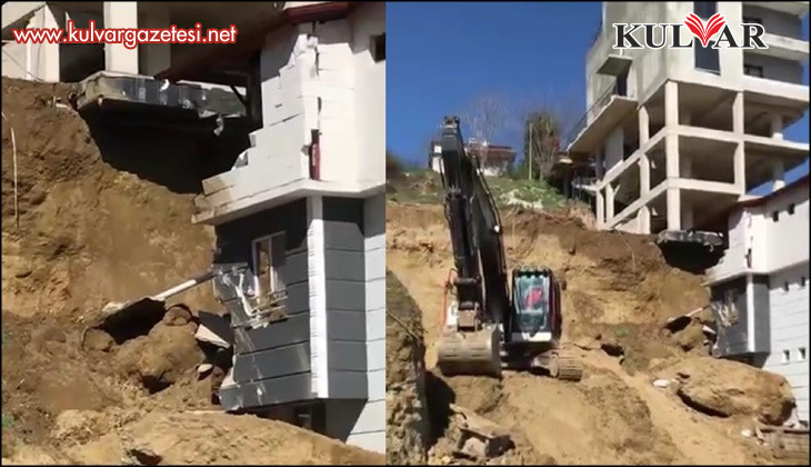 İnşaat kazısından kopan kaya bitişik binanın üzerine düştü