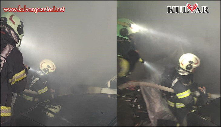 Kapalı otoparkta duran otomobili alevler sardı