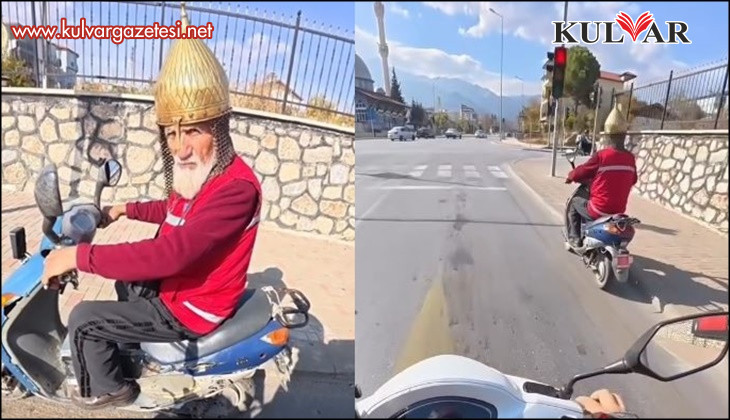 Kask yerine miğfer takan dede görenleri şaşırttı