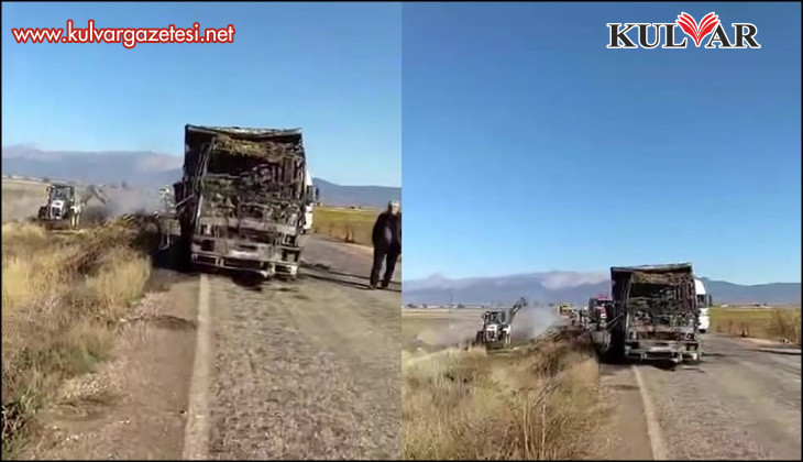Saman yüklü kamyon yangın sonrası kullanılamaz hale geldi