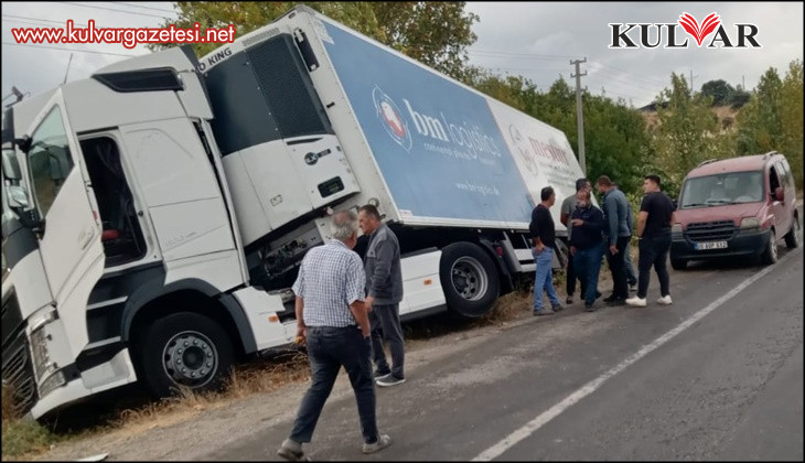 Yağışta yoldan çıkan tır şarampole girdi