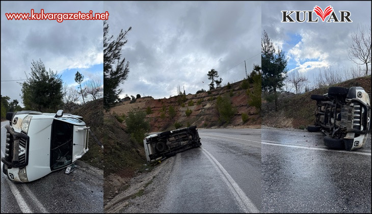 Yağmur sonrası kayganlaşan yolda pikap yan yattı